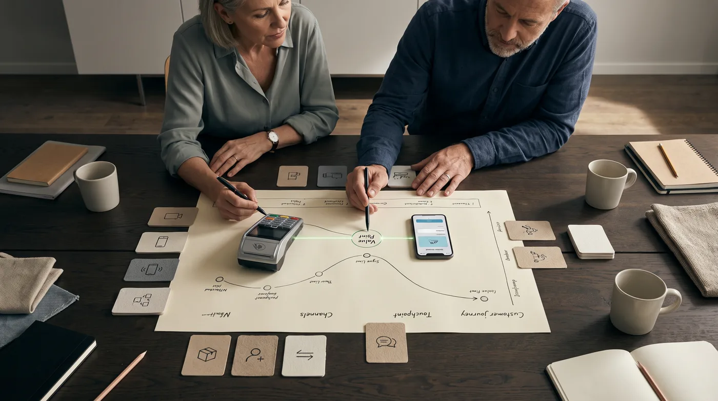 Consultants mapping an assisted and digital payment journey
